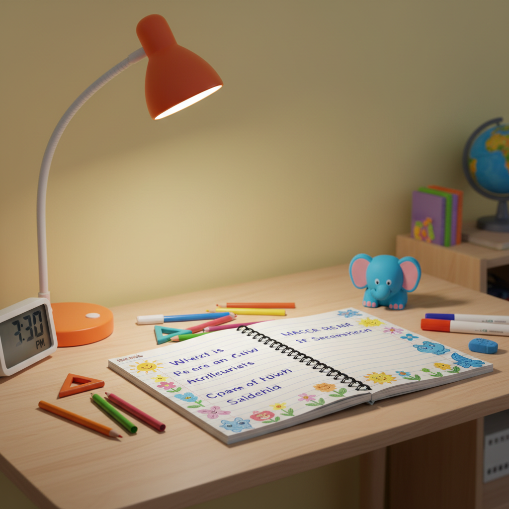 A tidy homework station with a light wooden desk against a clean, pale yellow wall, designed to look like a junior student’s ideal study space without any people present. On the desk sits an open, wide-ruled notebook with large, neatly written lines and colorful margin doodles, surrounded by chunky triangular pencils, washable markers, and a playful animal-shaped eraser. A small digital clock and a bright, child-friendly desk lamp with a flexible neck sit to one side. The lamp casts a warm, focused pool of light across the notebook, while the rest of the scene remains softly lit, suggesting early evening study time. Photographic, eye-level composition with a gentle, inviting atmosphere supports blog posts about homework tips for parents and junior students.