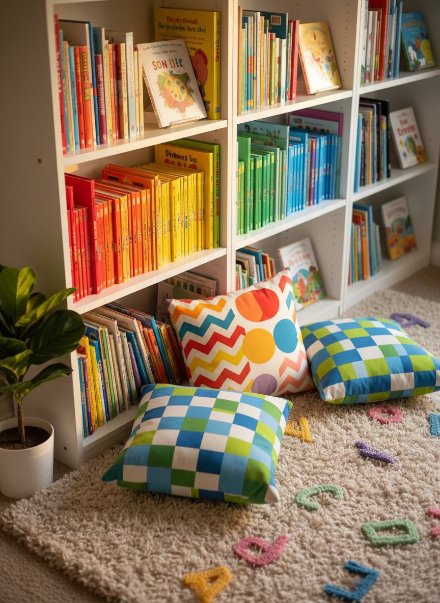 An inviting reading corner featuring a low white bookshelf overflowing with vibrantly colored picture books and early chapter books, their spines forming a playful rainbow. In front of the shelf, several oversized, plush floor cushions in bright geometric patterns rest on a soft, textured rug with alphabet letters woven into the design. A small faux plant in a white pot adds a touch of greenery. Warm afternoon light pours in from an unseen window to the right, creating gentle highlights on the book covers and subtle shadows behind the cushions. Photographic realism, shot from a slightly elevated angle using the rule of thirds, creates a cozy, imaginative mood, perfect for a junior class blog’s reading or literacy section.