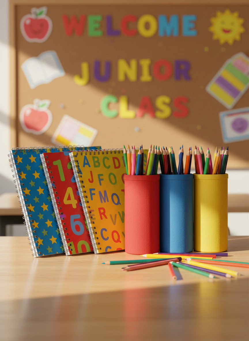 A colorful row of neatly stacked spiral-bound notebooks, bright pencil cases, and sharpened colored pencils arranged across a light wooden classroom desk. The covers show playful patterns of stars, numbers, and alphabet letters in bold primary colors. In the background, slightly out of focus, a cheerful bulletin board displays cut-out shapes and large block letters spelling “Welcome Junior Class.” Soft morning sunlight filters through an unseen classroom window, casting gentle, elongated shadows across the desk surface. Photographic realism, shot at eye level with a shallow depth of field, creates a warm, inviting, and energetic atmosphere that feels like the start of a fun school day, perfect for a junior school blog homepage.