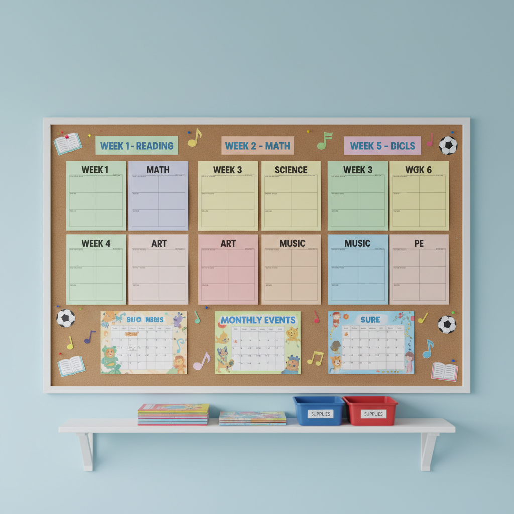 A large cork bulletin board filled with neatly pinned weekly schedules, colorful subject labels, and illustrated calendars designed for junior students, all written in bold, easy-to-read fonts. Small paper cut-out icons of books, soccer balls, and music notes decorate the edges, adding a playful touch. The board hangs on a smooth pastel blue classroom wall, with a small white shelf beneath it holding tidy stacks of textbooks and bright storage bins. Soft, diffused overhead classroom lighting keeps everything evenly lit without harsh shadows. Captured straight-on with sharp focus throughout, the photographic image feels organized yet cheerful, ideal for illustrating important announcements on a junior school blog.