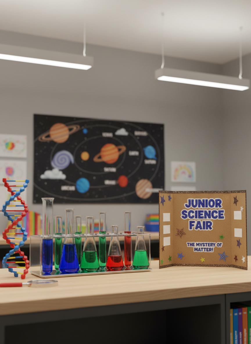 A playful science-themed classroom display on a wide counter, featuring a row of clear plastic beakers and test tubes filled with vividly colored, non-hazardous liquids in blues, greens, and reds. A large poster of the solar system in bright, simplified graphics hangs on the soft gray wall behind, with planets labeled in clear, child-friendly fonts. Beside the beakers rests a magnifying glass, a plastic model of a DNA helix, and a small cardboard trifold project labeled “Junior Science Fair.” Overhead fluorescent classroom lights provide bright, even illumination, reflecting gently off the plastic surfaces without glare. Photographic realism, captured from a slightly low angle to make the objects feel big and exciting, creates an energetic, curious mood ideal for a junior class science or projects blog section.